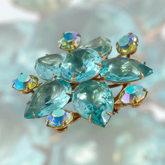 Vintage Aqua Pear Rhinestones Gold Tone Flower Brooch, Beau Jewels Style Brooch