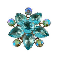 Vintage Aqua Pear Rhinestones Gold Tone Flower Brooch, Beau Jewels Style Brooch