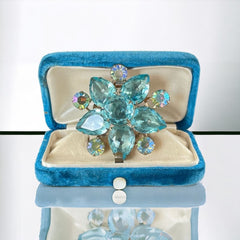 Vintage Aqua Pear Rhinestones Gold Tone Flower Brooch, Beau Jewels Style Brooch