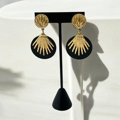 Vintage French Designer Black Disk and Gold Tone Palmetto Dangle Clip-On Earrings (1980s)