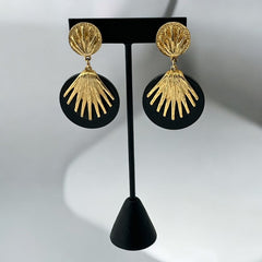 Vintage French Designer Black Disk and Gold Tone Palmetto Dangle Clip-On Earrings (1980s)