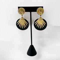 Vintage French Designer Black Disk and Gold Tone Palmetto Dangle Clip-On Earrings (1980s)