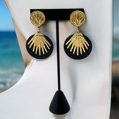 Vintage French Designer Black Disk and Gold Tone Palmetto Dangle Clip-On Earrings (1980s)