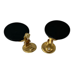 Vintage French Designer Black Disk and Gold Tone Palmetto Dangle Clip-On Earrings (1980s)