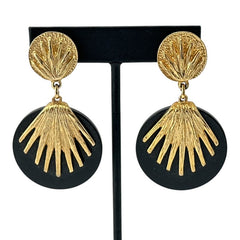 Vintage French Designer Black Disk and Gold Tone Palmetto Dangle Clip-On Earrings (1980s)