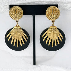 Vintage French Designer Black Disk and Gold Tone Palmetto Dangle Clip-On Earrings (1980s)