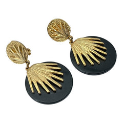 Vintage French Designer Black Disk and Gold Tone Palmetto Dangle Clip-On Earrings (1980s)