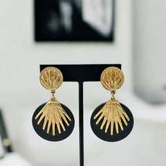 Vintage French Designer Black Disk and Gold Tone Palmetto Dangle Clip-On Earrings (1980s)