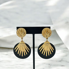 Vintage French Designer Black Disk and Gold Tone Palmetto Dangle Clip-On Earrings (1980s)