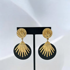 Vintage French Designer Black Disk and Gold Tone Palmetto Dangle Clip-On Earrings (1980s)