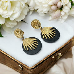 Vintage French Designer Black Disk and Gold Tone Palmetto Dangle Clip-On Earrings (1980s)