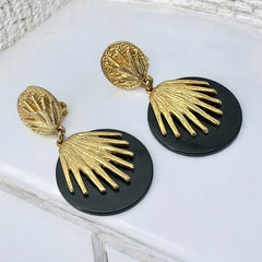 Vintage French Designer Black Disk and Gold Tone Palmetto Dangle Clip-On Earrings (1980s)