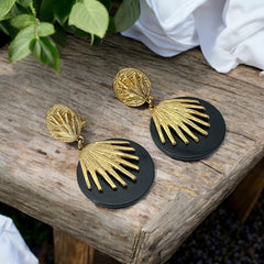 Vintage French Designer Black Disk and Gold Tone Palmetto Dangle Clip-On Earrings (1980s)