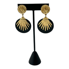 Vintage French Designer Black Disk and Gold Tone Palmetto Dangle Clip-On Earrings (1980s)