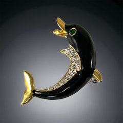 Vintage Black Enamel and Gold Tone Dolphin Brooch