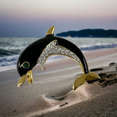 Vintage Black Enamel and Gold Tone Dolphin Brooch