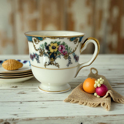 Vintage Black Knight Hohenberg Bavaria porcelain demi-tasse teacup in Monceau pattern; white base with multicolored floral design, teal and gold scrollwork near rim, and gold-trimmed handle and pedestal base.