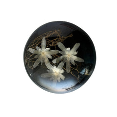 Vintage round brooch with real dried flowers encased in clear resin on a lacquered wood base, shown from multiple angles.