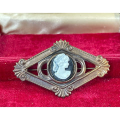 Victorian Stamped Brass &amp; Vintage Resin Cameo Ornate Brooch