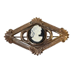 Victorian Stamped Brass &amp; Vintage Resin Cameo Ornate Brooch