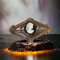 Victorian Stamped Brass &amp; Vintage Resin Cameo Ornate Brooch