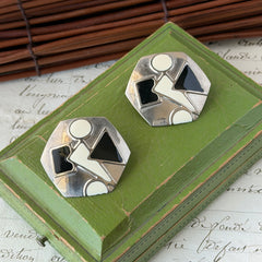 Vintage 1980s black and white enamel geometric hexagonal post earrings with silver tone and abstract motifs, with on original Impressions card.