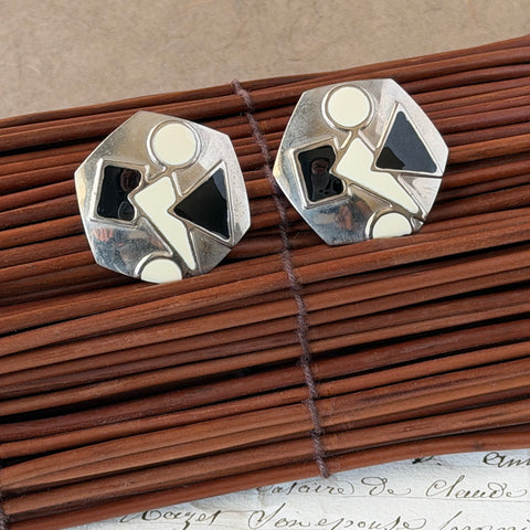 Vintage 1980s black and white enamel geometric hexagonal post earrings with silver tone and abstract motifs, with on original Impressions card.
