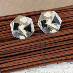 Vintage 1980s black and white enamel geometric hexagonal post earrings with silver tone and abstract motifs, with on original Impressions card.