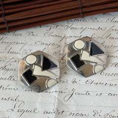 Vintage 1980s black and white enamel geometric hexagonal post earrings with silver tone and abstract motifs, with on original Impressions card.