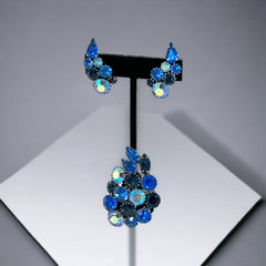 Vintage Sparkling Blue Rhinestones Leaf Brooch & Climber Earrings Jewelry Set