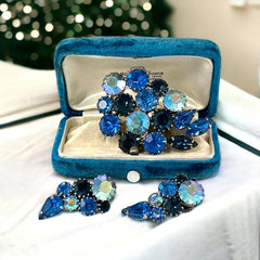 Vintage Sparkling Blue Rhinestones Leaf Brooch & Climber Earrings Jewelry Set