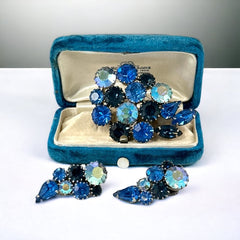 Vintage Sparkling Blue Rhinestones Leaf Brooch & Climber Earrings Jewelry Set