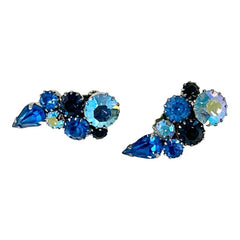 Vintage Sparkling Blue Rhinestones Leaf Brooch & Climber Earrings Jewelry Set