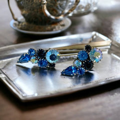 Vintage Sparkling Blue Rhinestones Leaf Brooch & Climber Earrings Jewelry Set