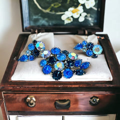 Vintage Sparkling Blue Rhinestones Leaf Brooch & Climber Earrings Jewelry Set