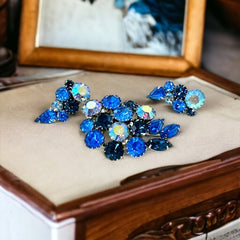 Vintage Sparkling Blue Rhinestones Leaf Brooch & Climber Earrings Jewelry Set