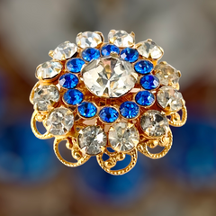 Vintage Blue & Clear Rhinestones Gold Tone Round Scatter Brooch