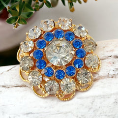 Vintage Blue & Clear Rhinestones Gold Tone Round Scatter Brooch