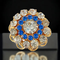 Vintage Blue & Clear Rhinestones Gold Tone Round Scatter Brooch