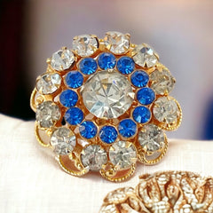 Vintage Blue & Clear Rhinestones Gold Tone Round Scatter Brooch