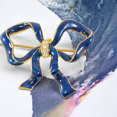 Blue Enamel Clear Rhinestones Gold Tone Bow Brooch