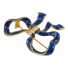 Blue Enamel Clear Rhinestones Gold Tone Bow Brooch