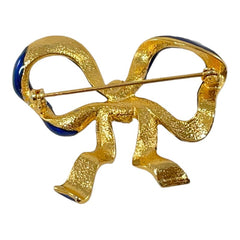 Blue Enamel Clear Rhinestones Gold Tone Bow Brooch