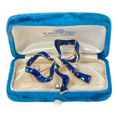 Blue Enamel Clear Rhinestones Gold Tone Bow Brooch