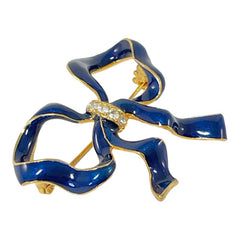 Blue Enamel Clear Rhinestones Gold Tone Bow Brooch