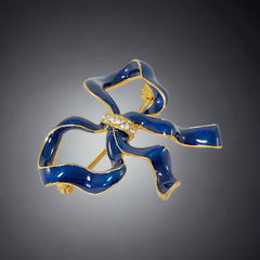 Blue Enamel Clear Rhinestones Gold Tone Bow Brooch