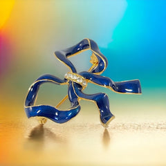 Blue Enamel Clear Rhinestones Gold Tone Bow Brooch