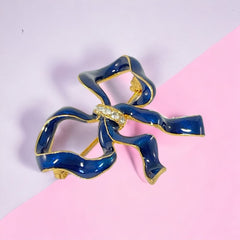 Blue Enamel Clear Rhinestones Gold Tone Bow Brooch