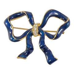 Blue Enamel Clear Rhinestones Gold Tone Bow Brooch