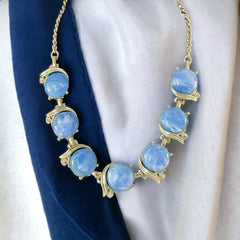 Vintage Light Blue Marbled Plastic Cabochon Links Necklace